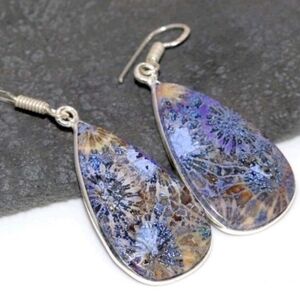 Purple Fossil Coral Gemstone 925 Sterling Silver Handmade Drop Dangle Earrings